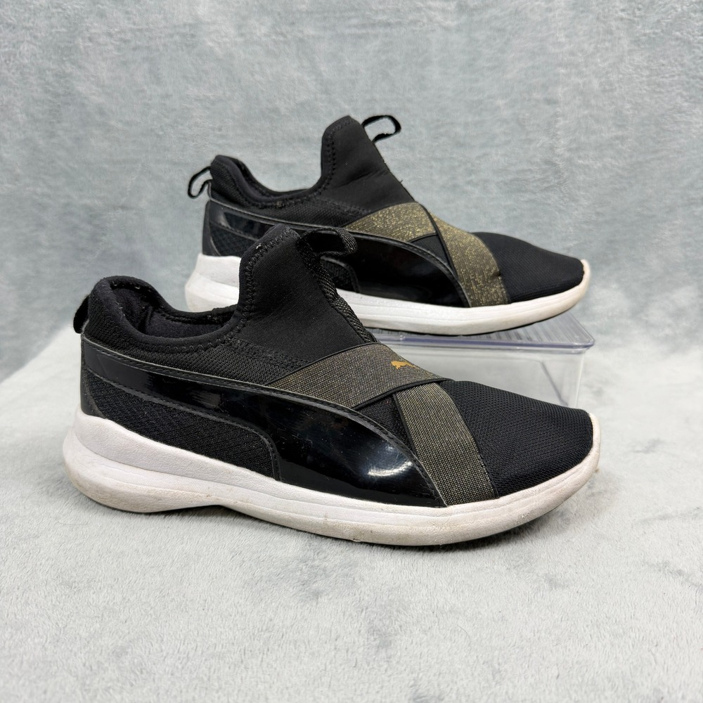 Puma Womens 8.5 Black Gold SoftFoam Slip On Sneaker 191252-02 Athleisure McBling